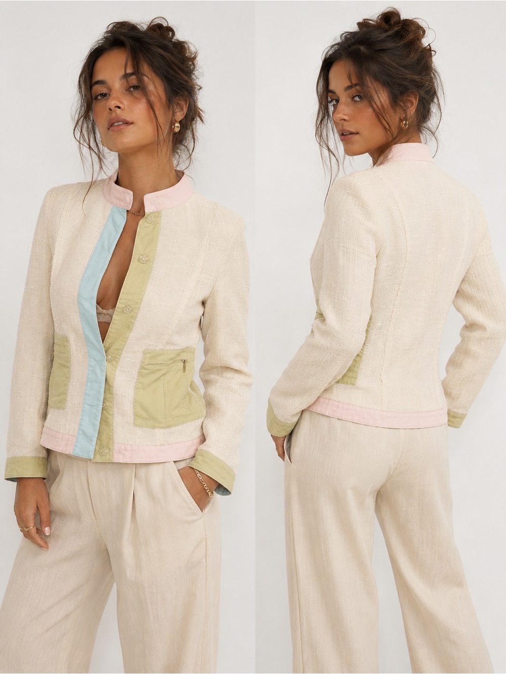 Alain Manoukian linen tweed jacket in pastel green pocket green mandarin collar